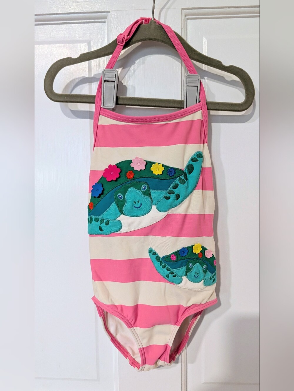 Mini Boden Girls Pink & White Striped Turtle One-Piece